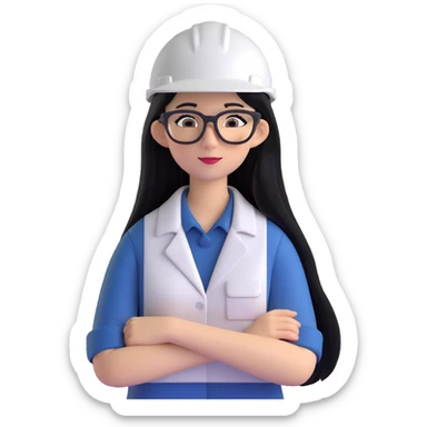 A woman with long, straight black hair, wearing glasses and a white architect's helmet sticker