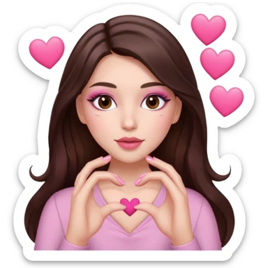 Pink and brown emoji, love emoji inspired with brunette hair, brown eyes, long hair, heart shape lips and pink make up making a heart with her hands and pink nails, mauve pink blush sticker
