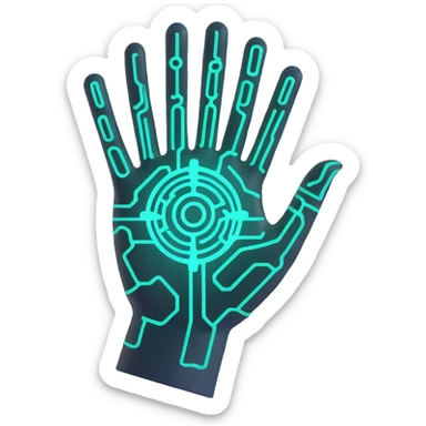 abstract AI symbol autonomous agent, glowing core, circuit patterns, floating above a hand, techy and modern sticker