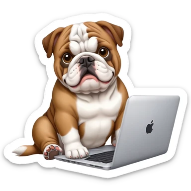 English bulldog sitting with a laptop sticker