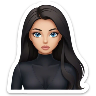 Glamours make-up, tanned, beautiful, girl, with blue eyes, big pump peach-beige-rose lips, eyeliner, long lashes, black straight smooth silky long hair, parting hair in the middle,  in black v-neck bodysuit long sleeves sticker