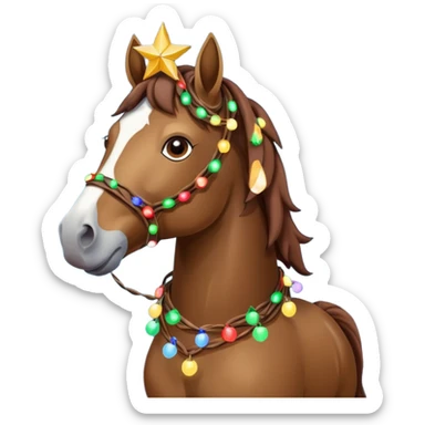 Horse rapped in Christmas lights with star on head sticker