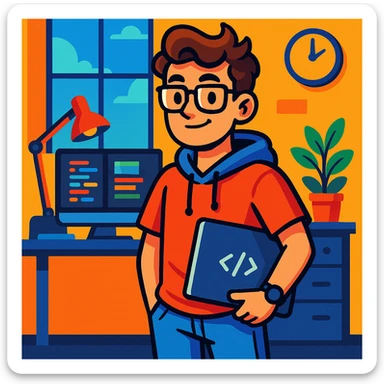 23-year-old programmer-entrepreneur, young adult with casual tech attire, holding a laptop, confident expression, modern workspace background, vibrant cartoon style sticker