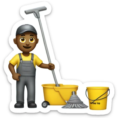 janitor with yellow bucket on wheels and mop sticker