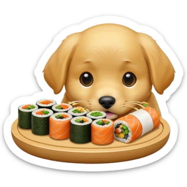 A cute golden retriever puppy eating gimbap in iPhone emoji style, soft 3D glossy texture, bright vivid colors, no outlines, centered composition, transparent background. sticker