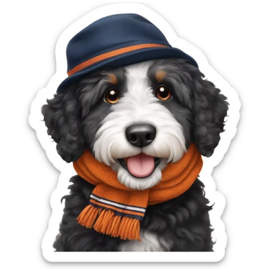 Bernedoodle with chicago bears hat and scarf sticker