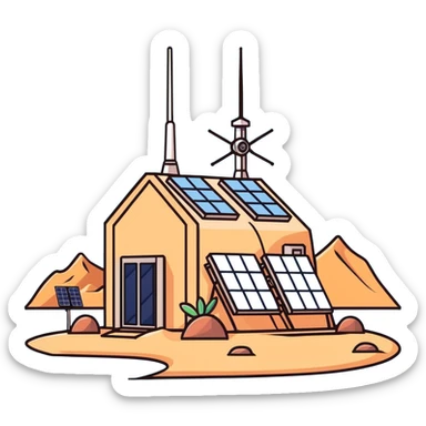 Desert outpost with solar panels and antennas sticker