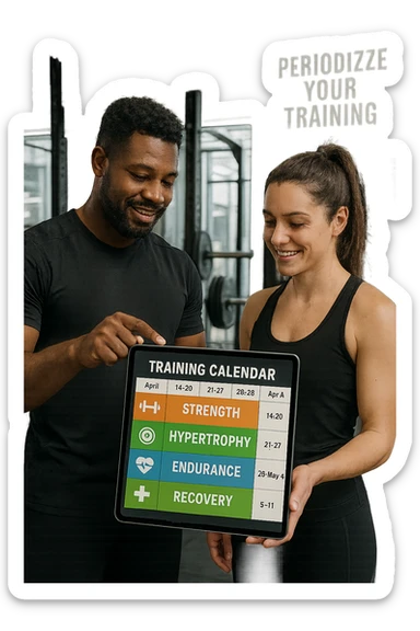 a personal trainer and a client stand in a modern gym, reviewing a large, color-coded training calendar or chart on a tablet. The calendar shows different phases (strength, hypertrophy, endurance, recovery) with icons and dates. Around them, gym equipment and motivational posters reinforce the idea of structured, periodized training. sticker