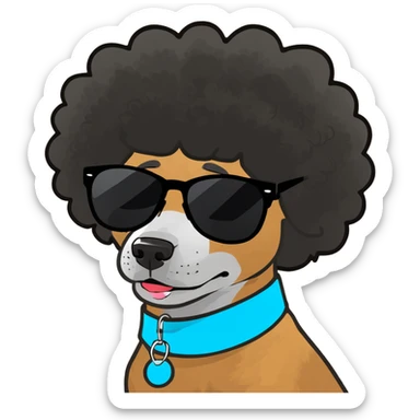 Anime Dog with black fashionable sunglasses and an Afro putting up the peace sign with its paws and sitting in a squat. sticker