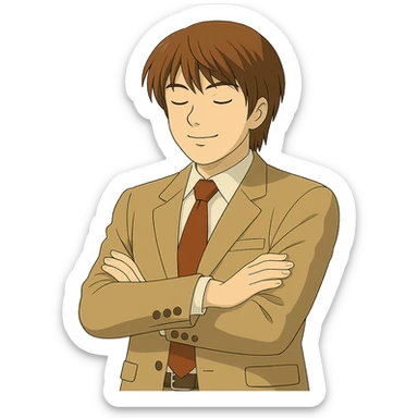 Create an exact Light Yagami in Ghibli style, standing with arms crossed and eyes closed, wearing the same suit, same pose, and same confident expression. Match the face, hair, and suit details exactly to the reference image. Transparent background. sticker