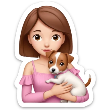 Joven mujer pelo marron vestida de rosado abrazando a su perro color beige crema que es un estilo de jack russel sticker
