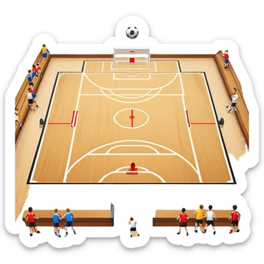 A mini-football match in an indoor sports hall with a wooden floor and clear court markings. The scene captures players in action, with the ball moving towards the goal, and the surrounding bleachers and overhead lights adding to the atmosphere of a competitive game. sticker