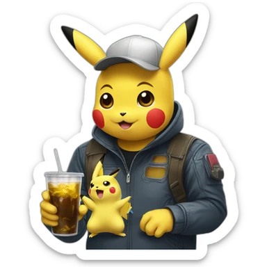 Pikachu drinks wich elon musk sticker