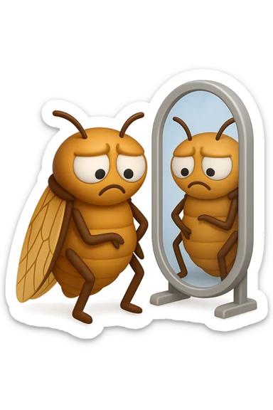 EMOJI STILE IPHONE 3D DI una cicala troste che si guarda allo specchio insoddisfatta del suo fisico, fagli gli occhi bianchi , non solo la pupilla sticker