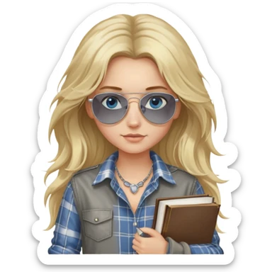girl with long blond messy hair wearing grey plaid shirt with blue eyes and aviator sunglasses wearing a ring on her silver necklace, holding law books sticker