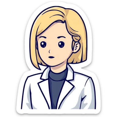 A blonde kinesiologist woman with a thinking face, wearing a white coat, considering therapy options sticker