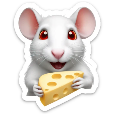 White rat with red eyes eating cheese sticker