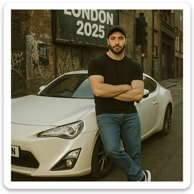 Grunge-style analog photo, London 2025, person inspired by the new reference image leaning against a Nissan GT 86, model pose, black t-shirt, jeans, Nike Air Jordan low, using flash, urban background, analog grain, 3/8. sticker