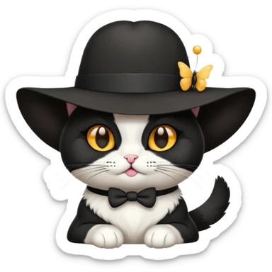 Chat blanc avec des tâches noir en costume, neud papillon et chapeau. sticker