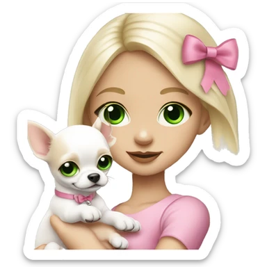 pale blond girl with long platinum hair with green eyes holding a white chihuahua puppy that wearing a pink bow sticker