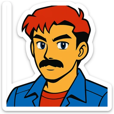 asian man with black mustache and red hair, 90's anime style, vibrant toon style sticker
