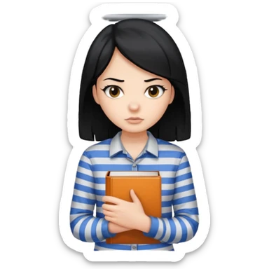 girl with black hair behind bars holding a book, casual shirt top sticker
