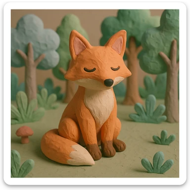fox sitting in a forest, pastel colors, visible fingerprints, playful and textured, claymation style sticker
