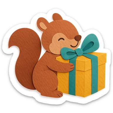 squirrel hugging a big gift box with bow, paper-craft style sticker