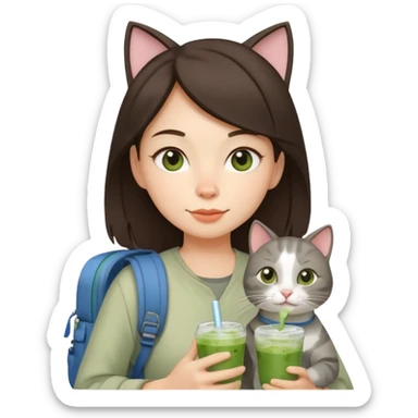 a brunette woman in here 30S drinking an iced matcha, carrying a grey cat and a map of the world sticker