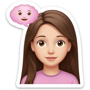 happy white long brunette hair girl with hazel eyes in light pink with a thought bubble sticker