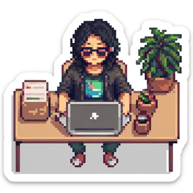 Asian freelancer with black hair and sunglasses, working at a laptop, pixel art style sticker