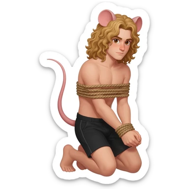 man with brown eyes, curly long blond hair. he has rat tail and rat ears. he dressed in black shorts. he is on his knees. her arms are tied up with ropes sticker