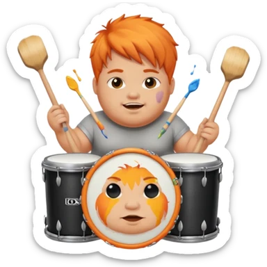 A chubby orange hair fan pounding a bass drum, cheeks puffing with energy with paints on his cheeks sticker