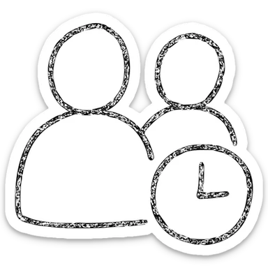 ultra-minimalist hand-drawn outlined icon of two figures with a small time symbol, worn and distressed style sticker