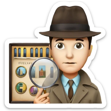 A colorful collage featuring iconic detective elements—magnifying glass, a fedora hat, a cigarette, a shadowy figure, and a mysterious city backdrop, a board with photos of suspects. Include subtle clues like fingerprints or a crime scene. Retro movie poster style. Transparent background. sticker