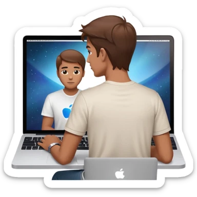 A man seen from behind, with detailed, well-lit hair. He is sitting in front of an open MacBook on a desk. On the MacBook screen, the Instagram logo is clearly visible and glowing.  sticker