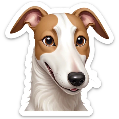 Cinematic Comical White and Brown Greyhound Portrait Emoji, Head tilted dramatically with an exaggeratedly amused expression, featuring a striking white Fur with dynamic brown accents, wide, expressive eyes filled with playful disbelief, Simplified yet hilariously expressive features, highly detailed, glowing with a slightly sassy glow, high shine, dramatic yet playful, stylized with an air of cheeky mischief, bright and endearing, soft glowing outline, capturing the essence of a spirited and over-the-top racer, so meme-worthy it feels like it could side-eye its way into internet fame instantly! sticker