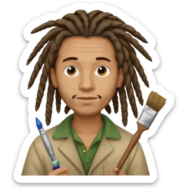 man artist with dreadlock, holding painter sticker