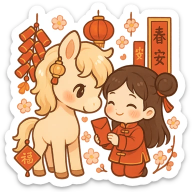 cute chibi style pony with soft brown fur and creamy mane, wearing a golden small lantern hair accessory, interacting affectionately with a little girl dressed in a bright red Tang suit holding a red envelope, pony's tail decorated with a red 'Fu' character hanging ornament, surrounded by Chinese New Year decorations including firecrackers, lanterns, spring couplets, and peach blossoms, main colors red, gold, orange, cream, and white, full body, transparent background, warm and healing atmosphere, suitable for Spring Festival stickers or red envelope illustrations sticker