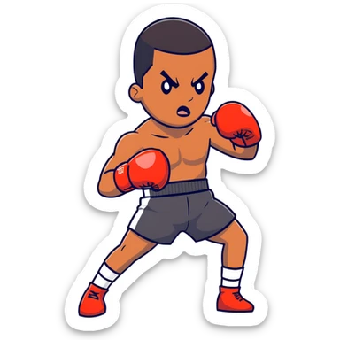 A determined 19-year-old Black male boxer throwing a punch, wearing boxing shorts and gloves sticker