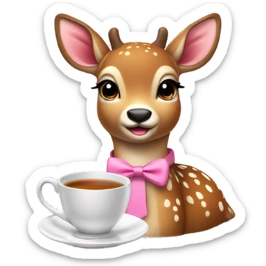 super cute deer with pink bow tie drinking tea with biscuit sticker