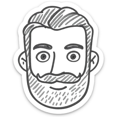 Make the beard less visible, just a hint of stubble, keep the style and background transparent in hand drawn icon style with no fill. sticker