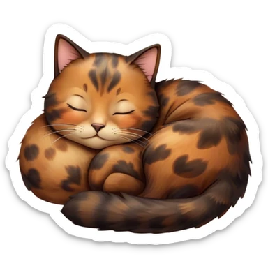 Meme-Worthy Cute Sleeping Tortoiseshell Cat Portrait Emoji, Head resting with a serene, sleepy smile and softly closed, dreamy eyes, showcasing a warm, mottled fur of rich browns and blacks, simplified yet adorably detailed, glowing with a gentle, drowsy radiance, high shine, exuding relaxed, heart-melting charm, styled with a soft glowing outline, capturing the essence of a sleeping tortoiseshell cat that radiates pure, peaceful cuteness! sticker