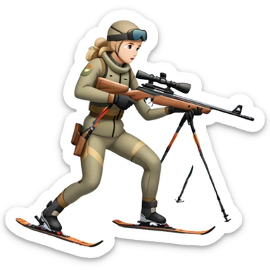 An icon showing a snowy landscape with pine trees, mountains, and a clear sky with a biathlete aiming a rifle in the foreground, wearing winter gear and skis. Transparent background emphasizes the precision, endurance, and beauty of this winter sport. sticker