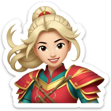 Cinematic Playful Mulan Portrait Emoji, Mid-laugh with a strand of hair falling over her face, adjusting her armor, eyes full of adventure, exuding an irresistible mix of beauty and fun, the perfect blend of warrior and princess! sticker