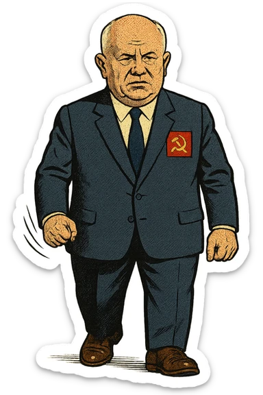 The full body of a male middle aged Russian leader who looks like Nikita Khrushchev wearing a suit with the community party logo and looking seriously sticker