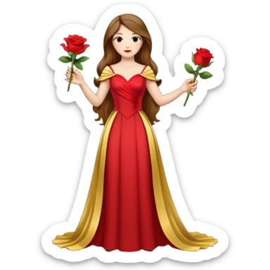 woman opera singer singing with long brown hair and golden dress, entire body, withou microfone, with a rose in right hand sticker