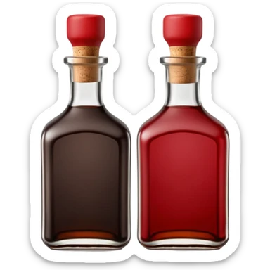 balsamic vinegar bottle, elegant glass, dark brown to ruby, round or square base, slender neck, cork or metallic cap, dark glass, reflections, 3D clean style, transparent background, optimized for emoji size sticker