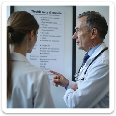 hyperrealistic 4K image of a woman discussing with a doctor, pointing at the text 'Tiroide secca di maiale' on a medication list, clinical environment, serious expressions sticker