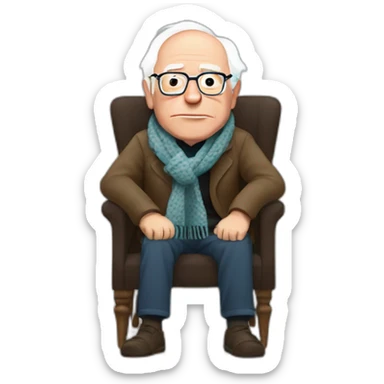 Bernie sanders sitting in chair with legs and arms crossed wearing a scarf sticker
